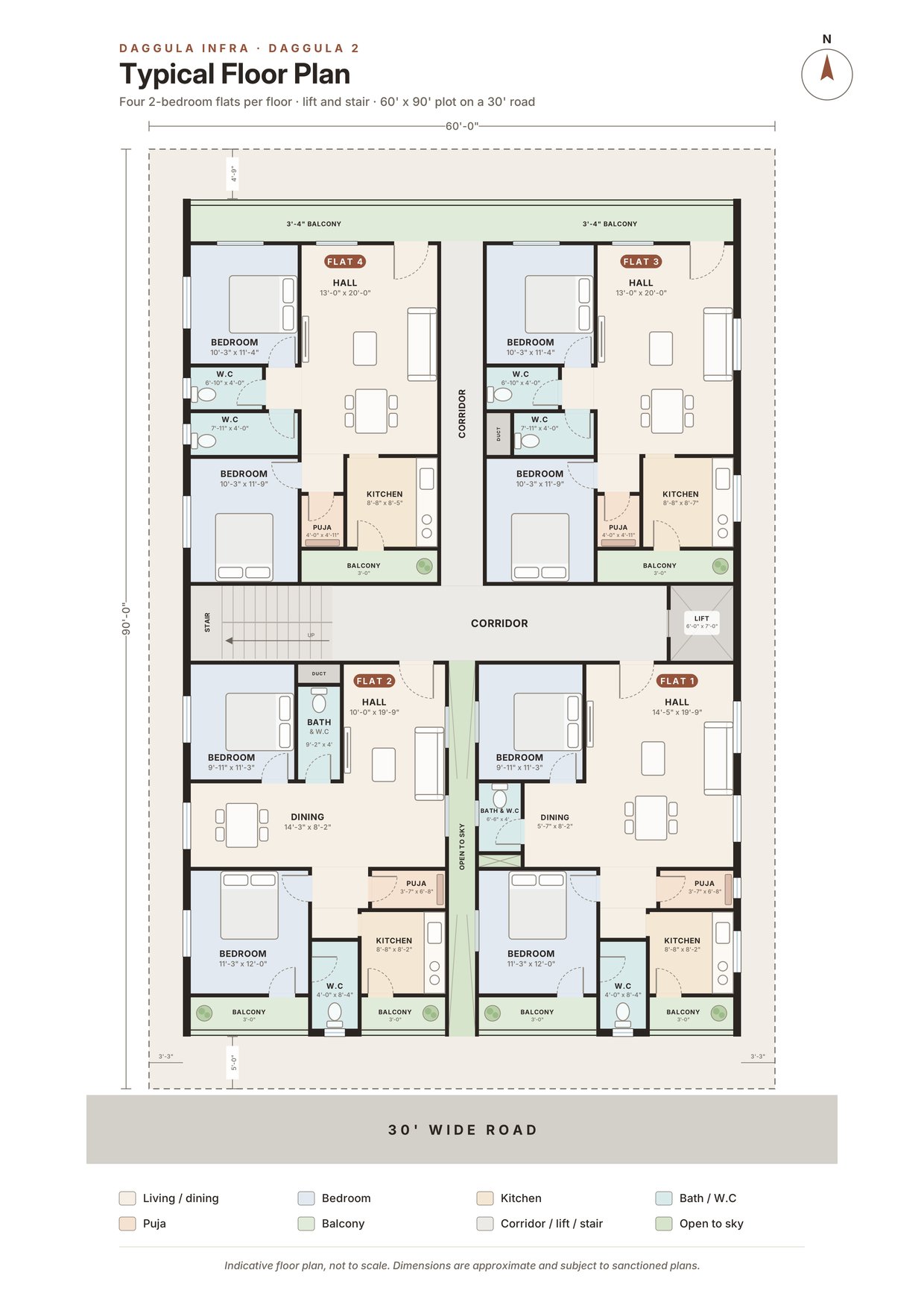 Typical floor plan of Godavari Residency: four 2-bedroom flats around a central corridor with lift and stair, on a 60 ft by 90 ft plot facing a 30 ft road