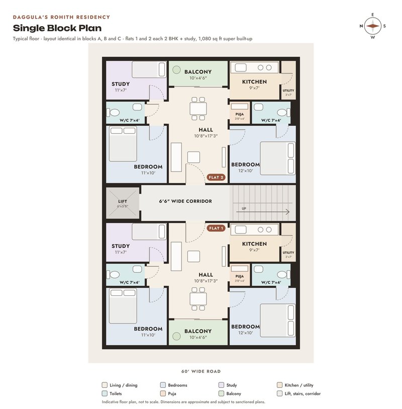 Floor plan of a single block: two flats per floor either side of a corridor, lift and stairs