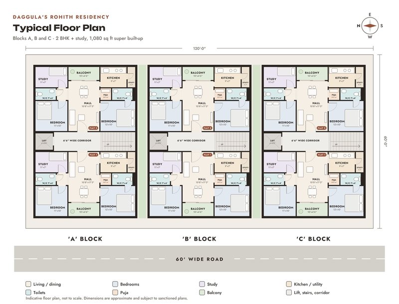 Typical floor plan of blocks A, B and C side by side, each with two flats per floor, facing a 60 ft wide road